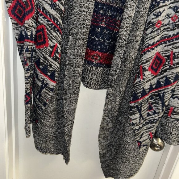 Roxy Grey/Red/Blue Aztec Print Knit Open Draped Holiday Cardigan Sweater Large - Picture 4 of 6